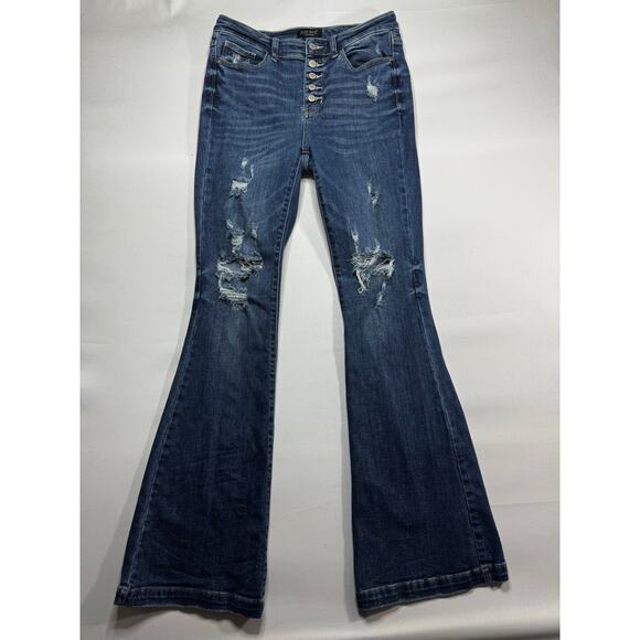 Judy Blue Denim - Judy Blue Women's Distressed Trouser Flare Stretch Denim Jeans - Size 9 (30x34)
